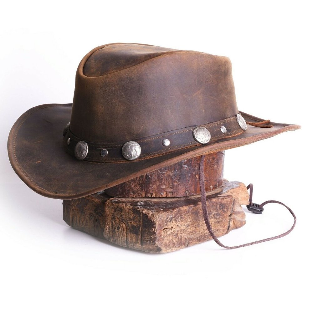 Lesa Collection Bullring Leather Hat Western Cowboy Unisex  Buffalo Coin Brown